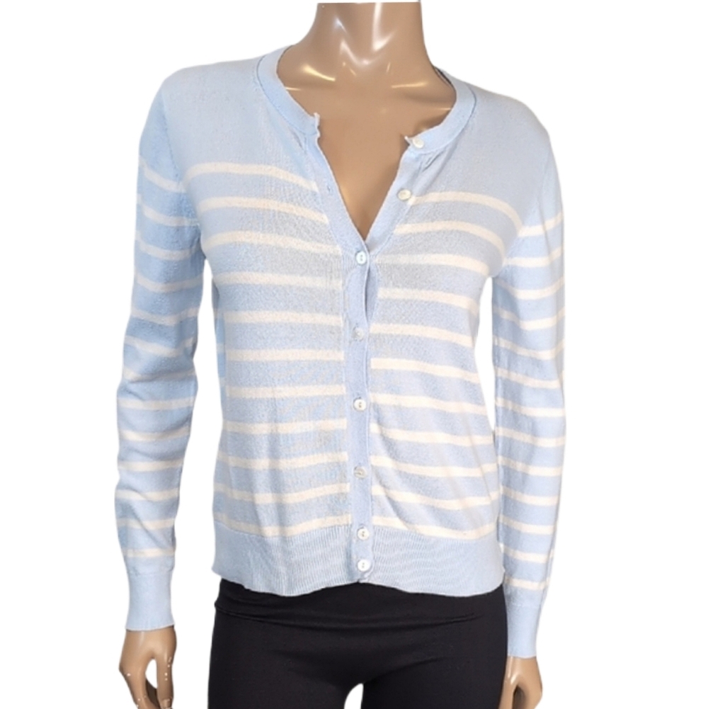 A New Day Striped Cotton Cardigan Sweater Size Small Blue White Preppy